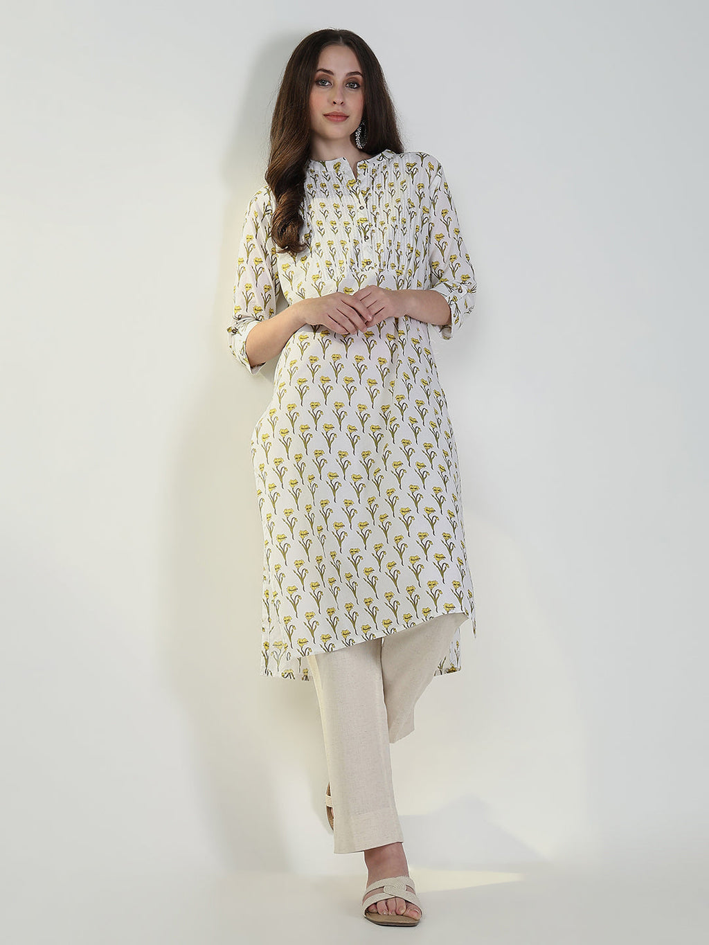 Women's Cream Floral Straight Kurta