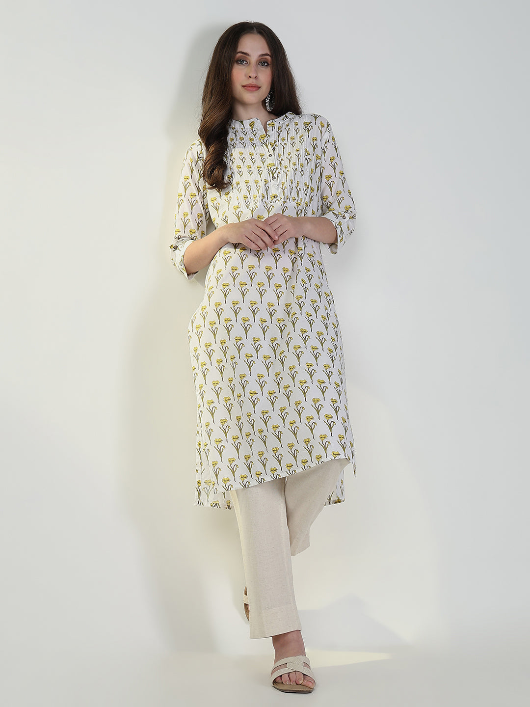 Women's Cream Floral Straight Kurta