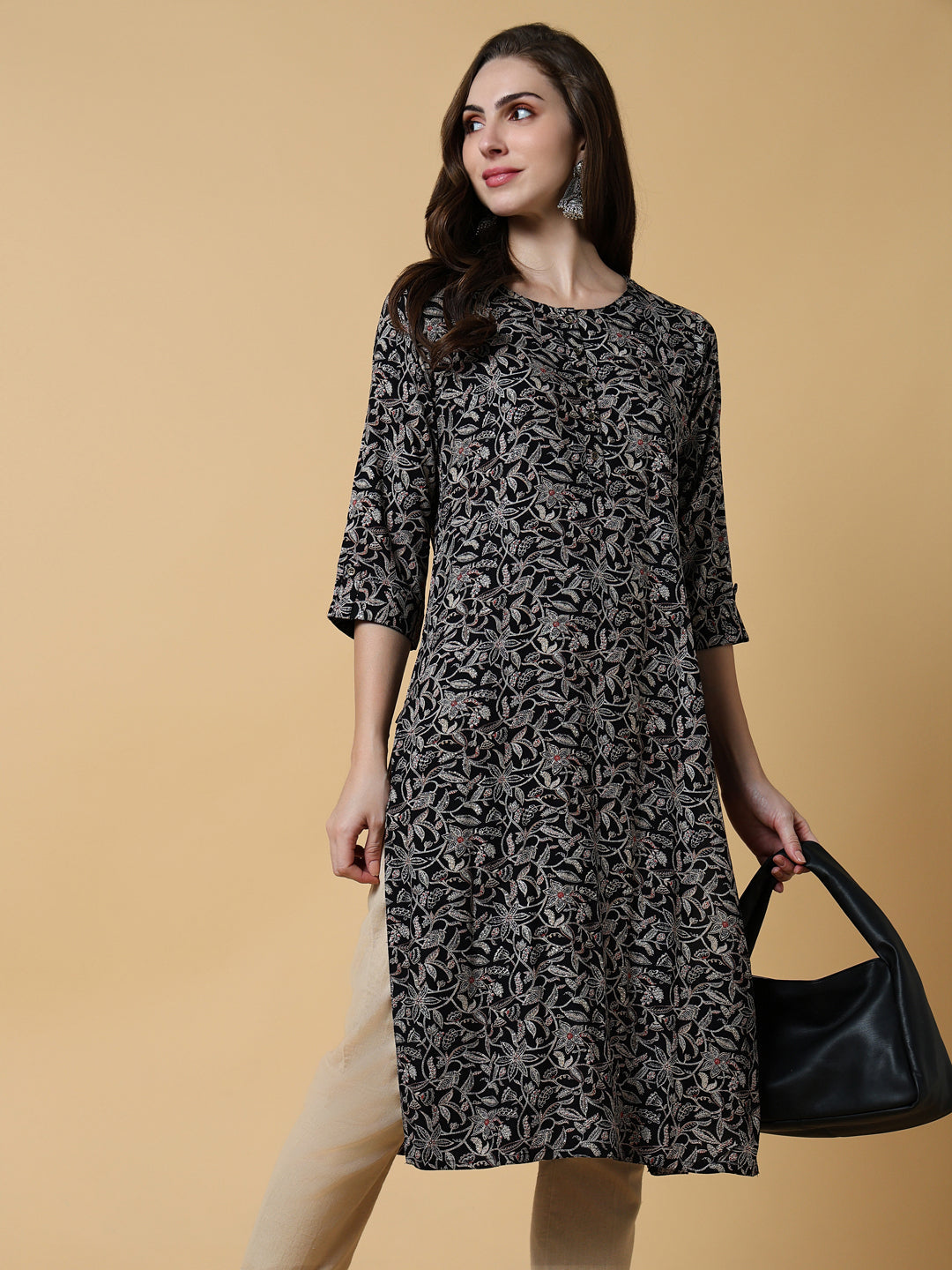 Women's Black Printed Graphic Straight Kurta
