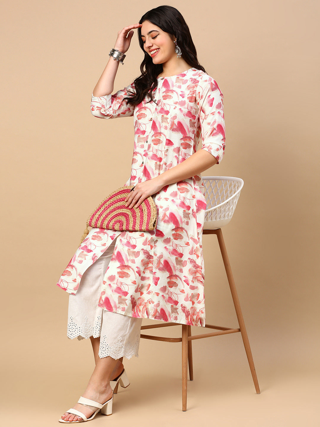 Women's Pink Floral A Line Kurta