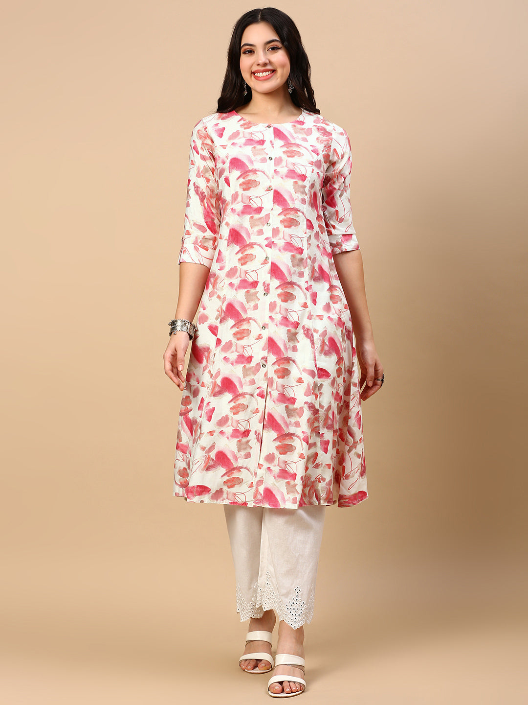 Women's Pink Floral A Line Kurta