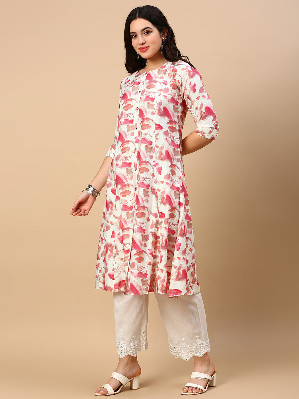 Women's Pink Floral A Line Kurta