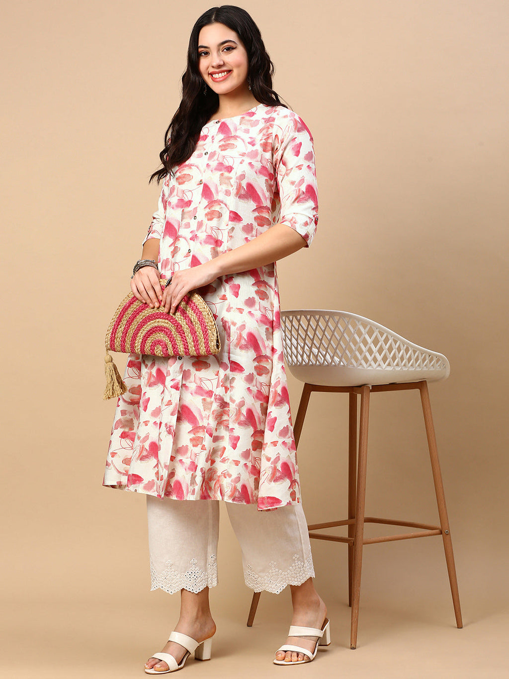 Women's Pink Floral A Line Kurta