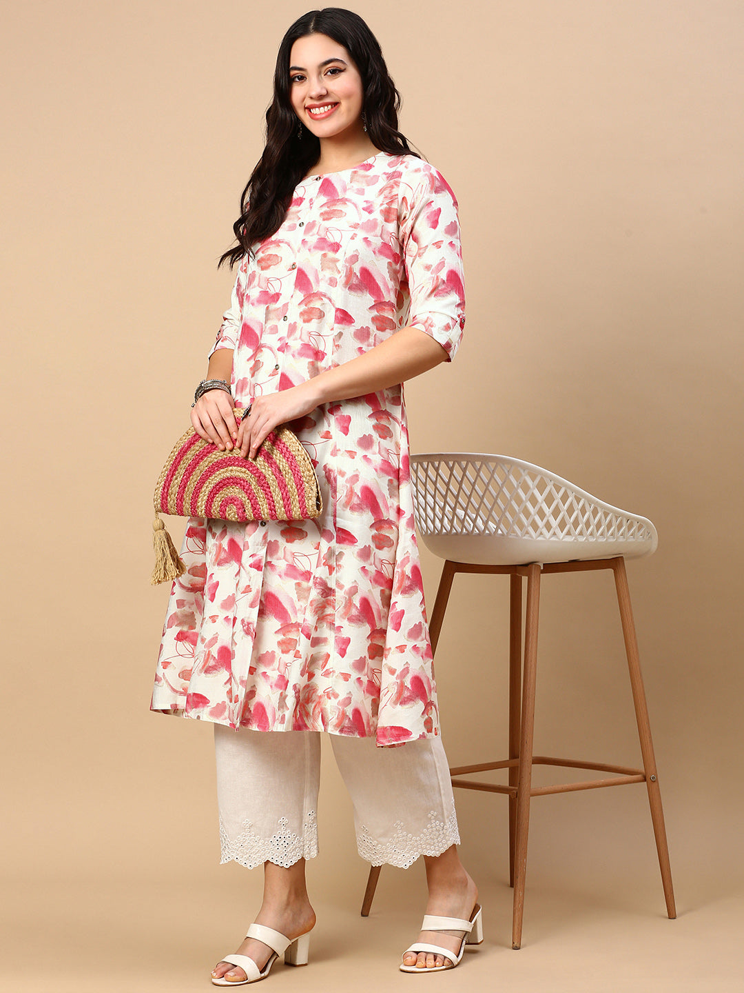 Women's Pink Floral A Line Kurta