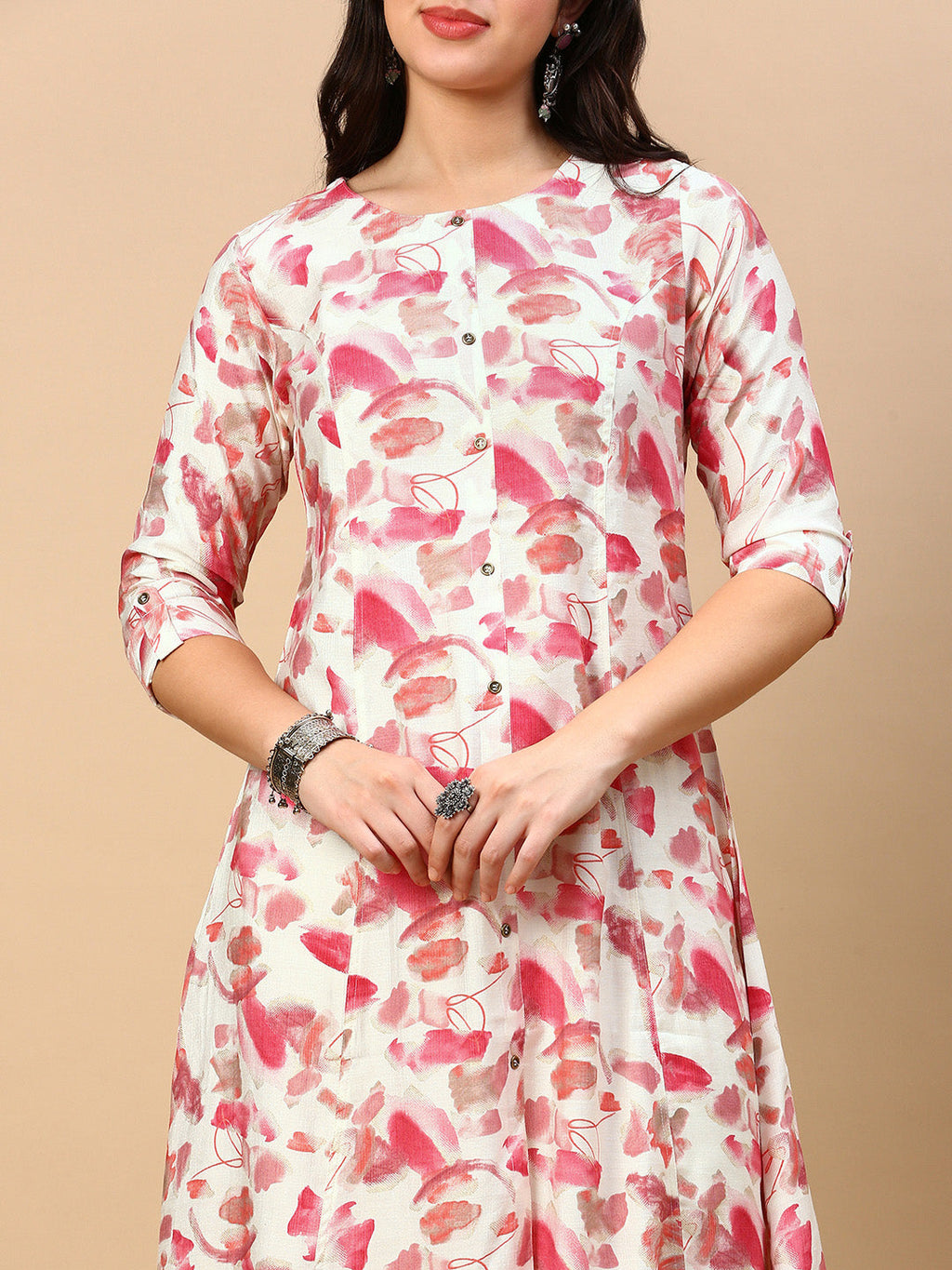 Women's Pink Floral A Line Kurta
