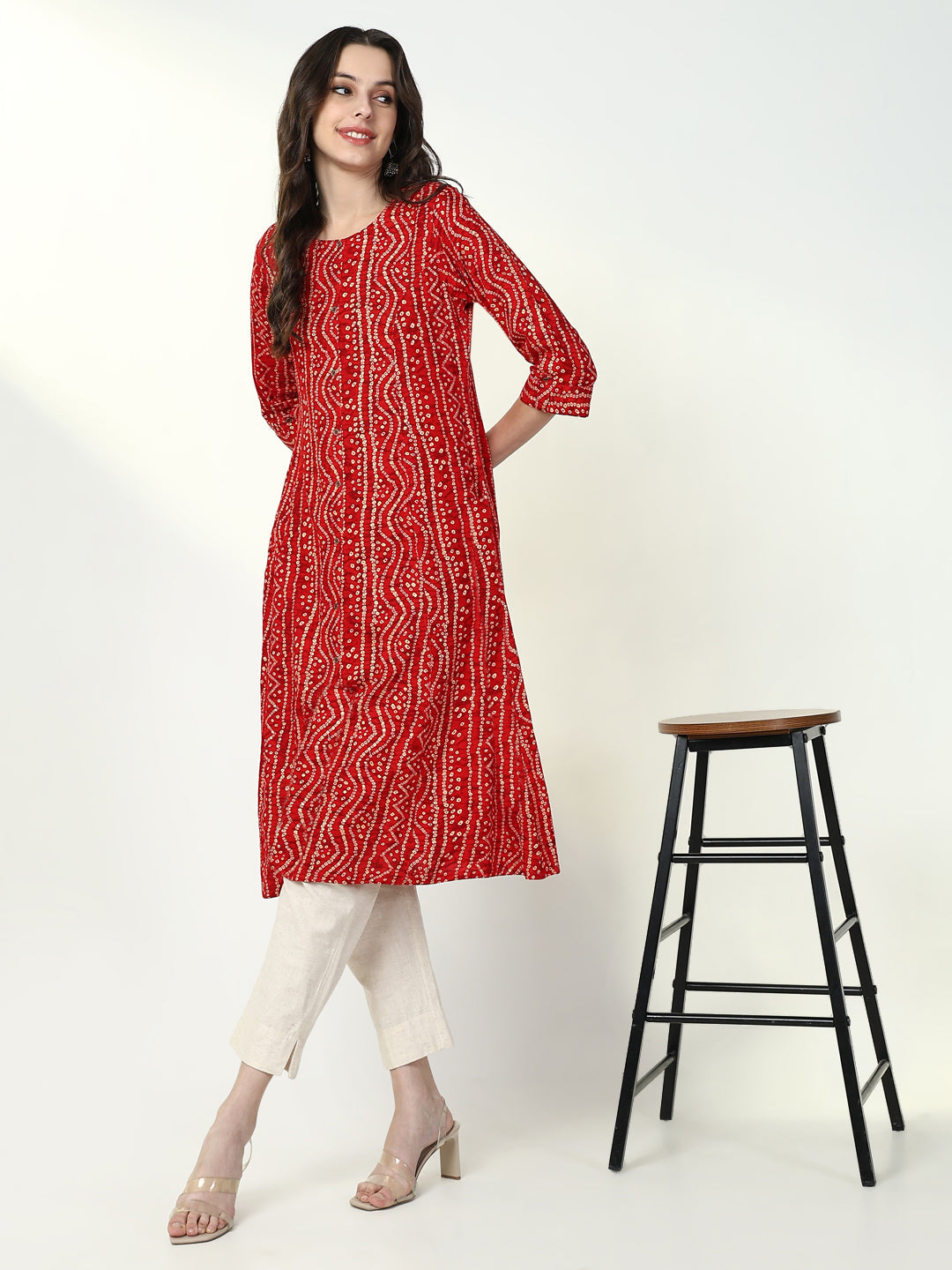 Women's Red Bandhani A Line Kurta