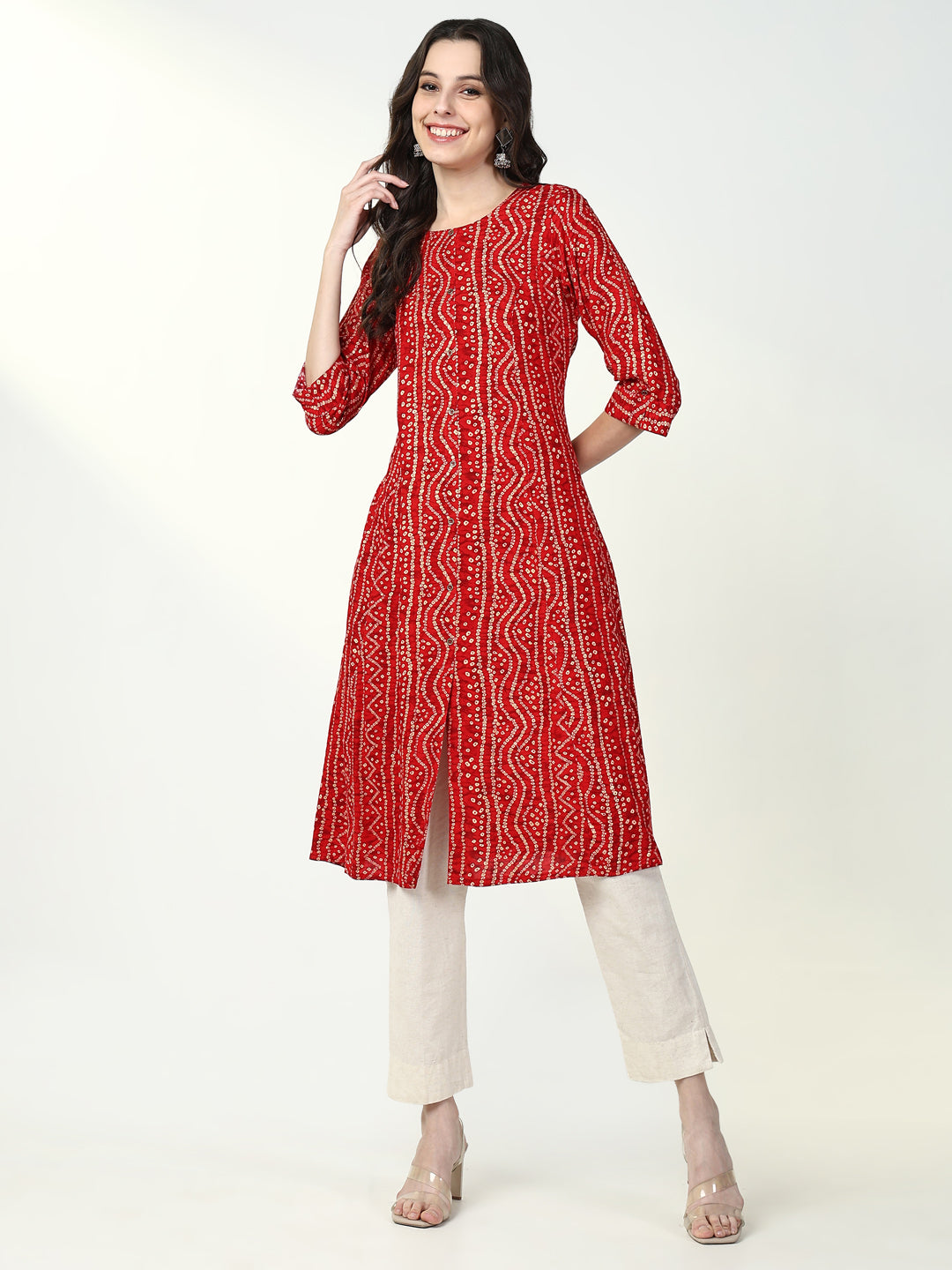 Women's Red Bandhani A Line Kurta