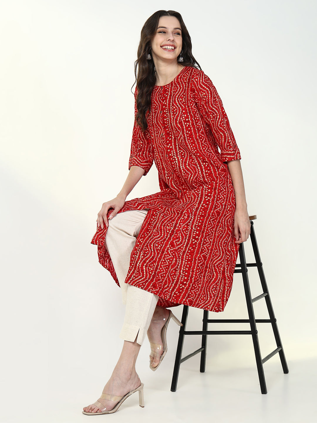 Women's Red Bandhani A Line Kurta