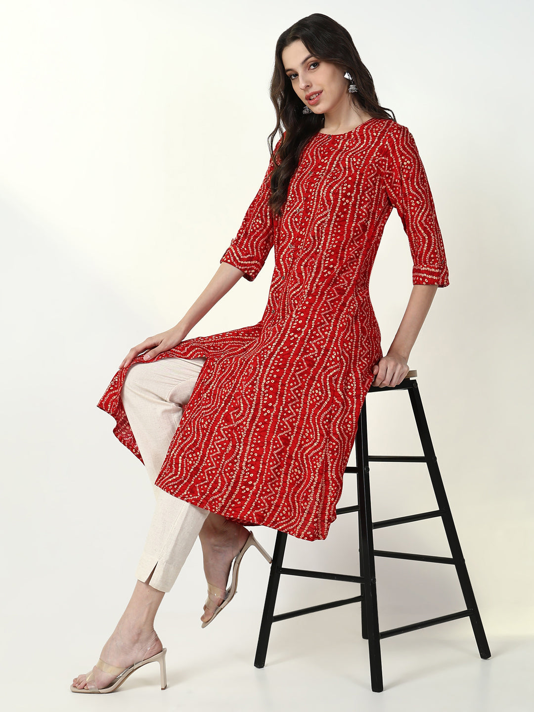 Women's Red Bandhani A Line Kurta