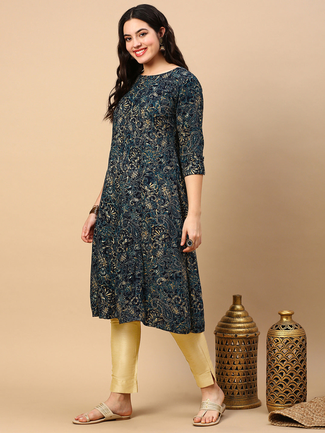 Women's Teal Graphic A Line Kurta
