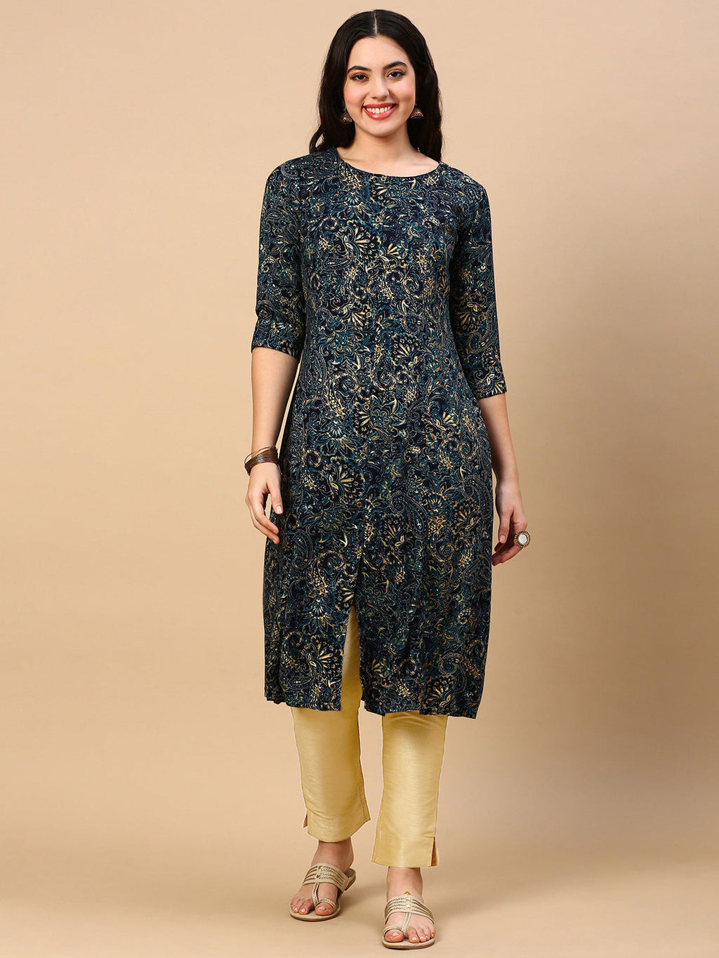 Women's Teal Graphic A Line Kurta