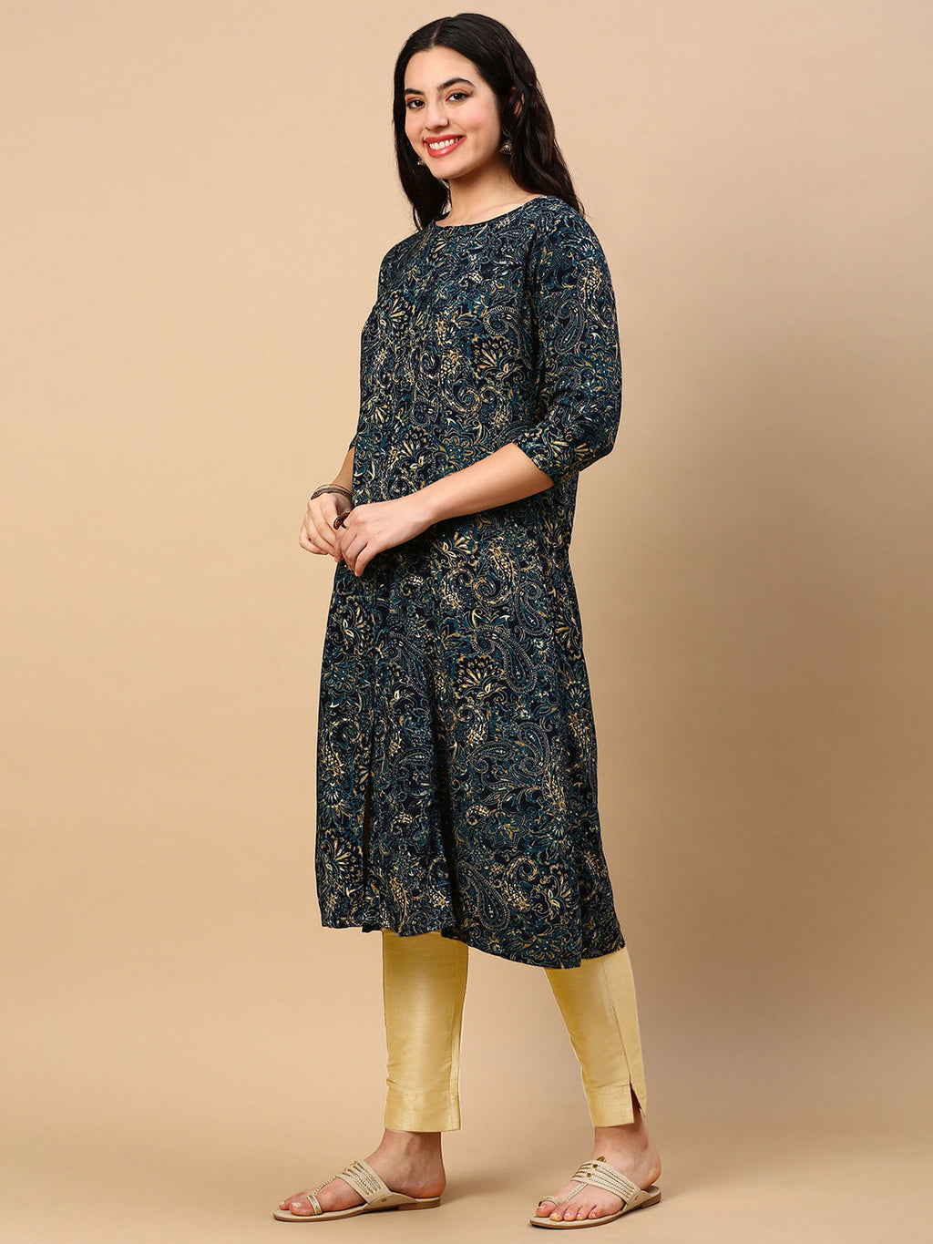 Women's Teal Graphic A Line Kurta