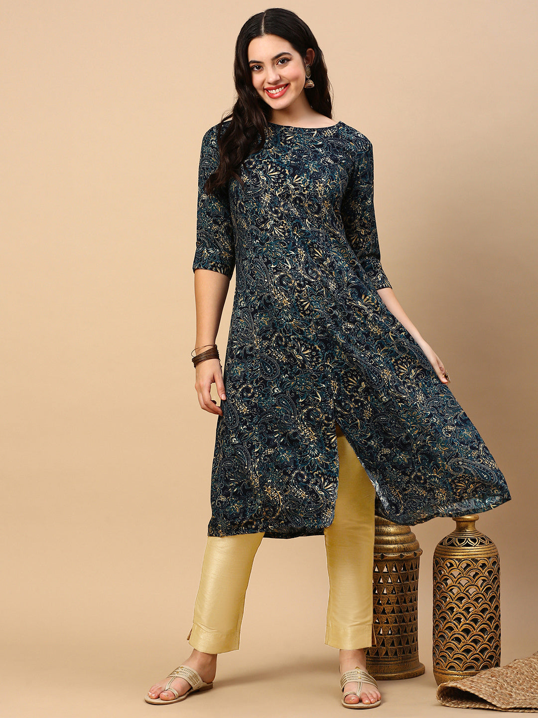 Women's Teal Graphic A Line Kurta