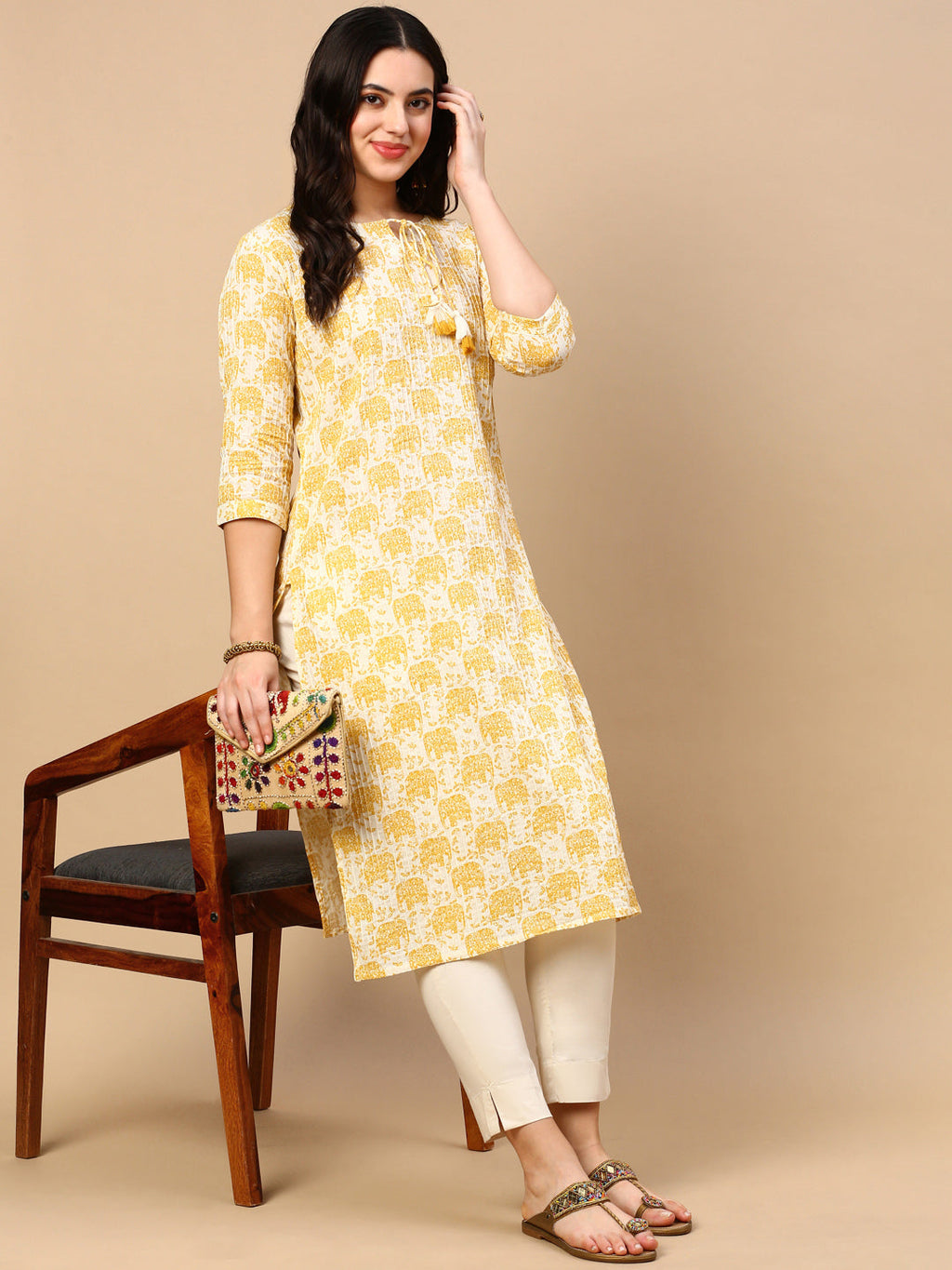 Women's Yellow Graphic Straight Kurta