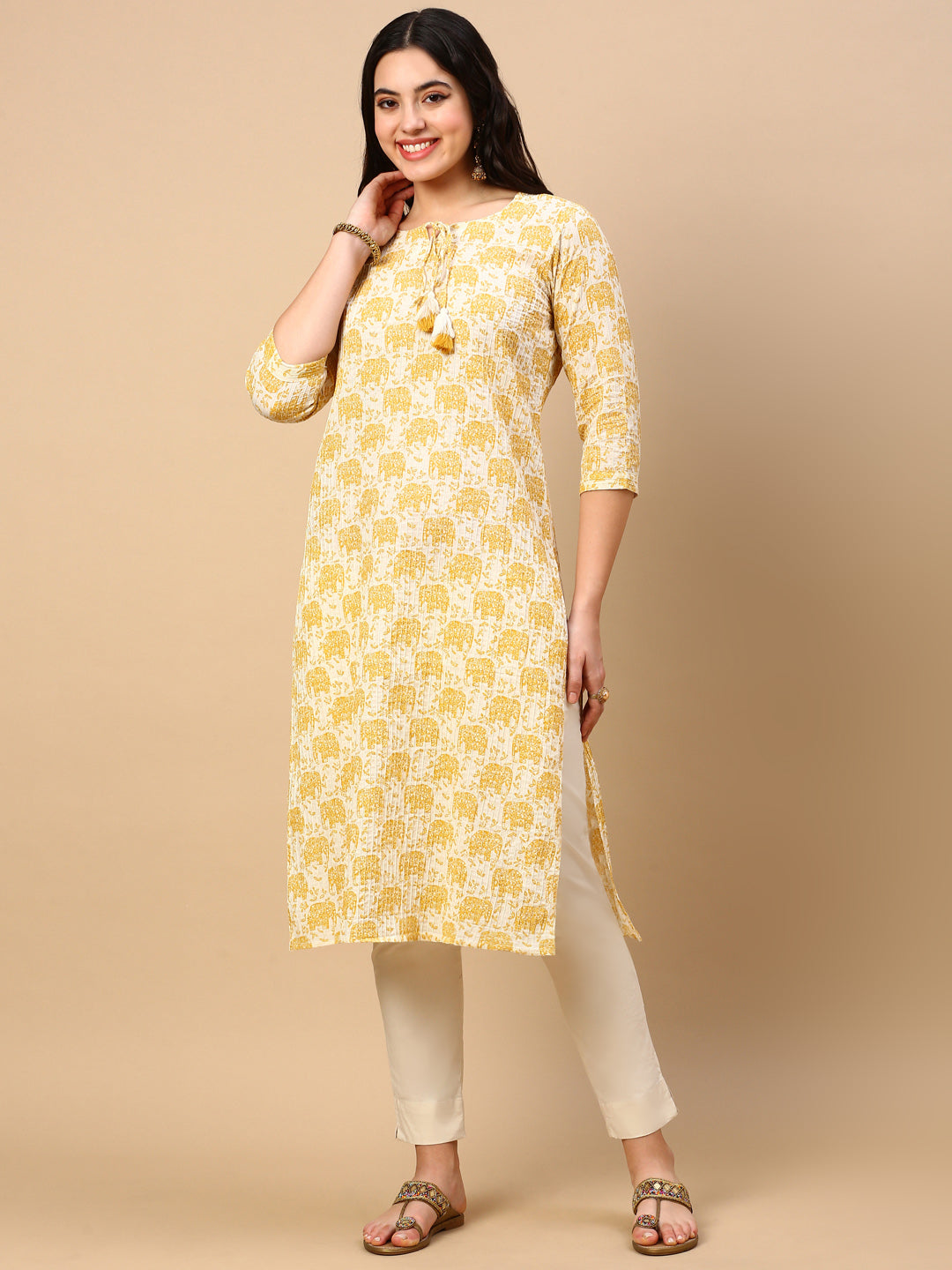 Women's Yellow Graphic Straight Kurta