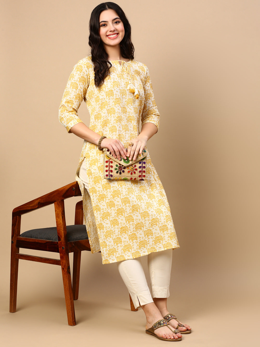 Women's Yellow Graphic Straight Kurta