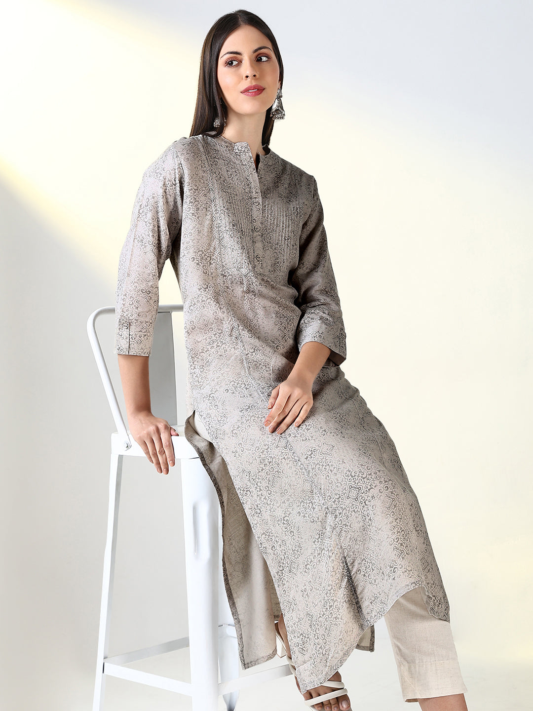 Women's Grey Ethnic Motifs A Line Kurta
