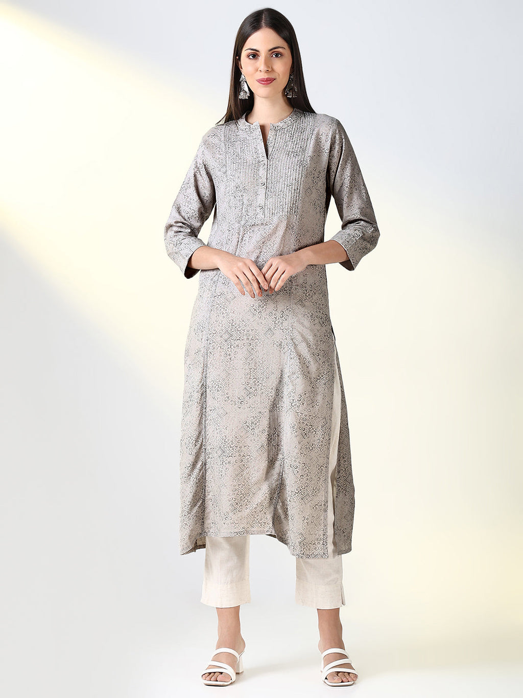 Women's Grey Ethnic Motifs A Line Kurta