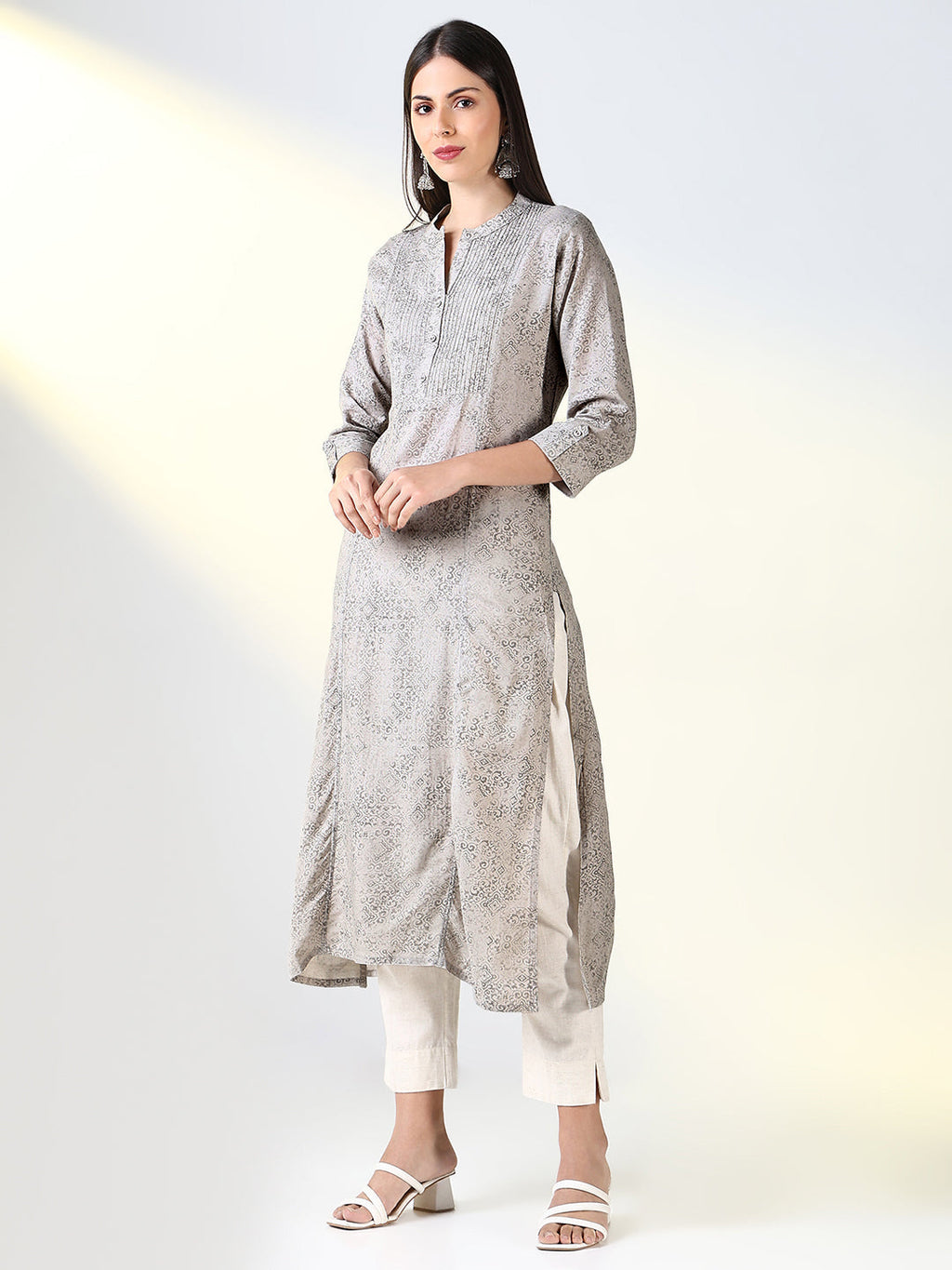 Women's Grey Ethnic Motifs A Line Kurta