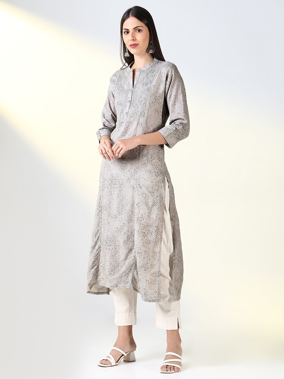Women's Grey Ethnic Motifs A Line Kurta