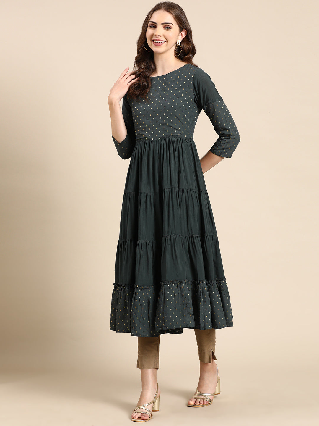 Women's Teal Tiered Brocade Anarkali Kurta