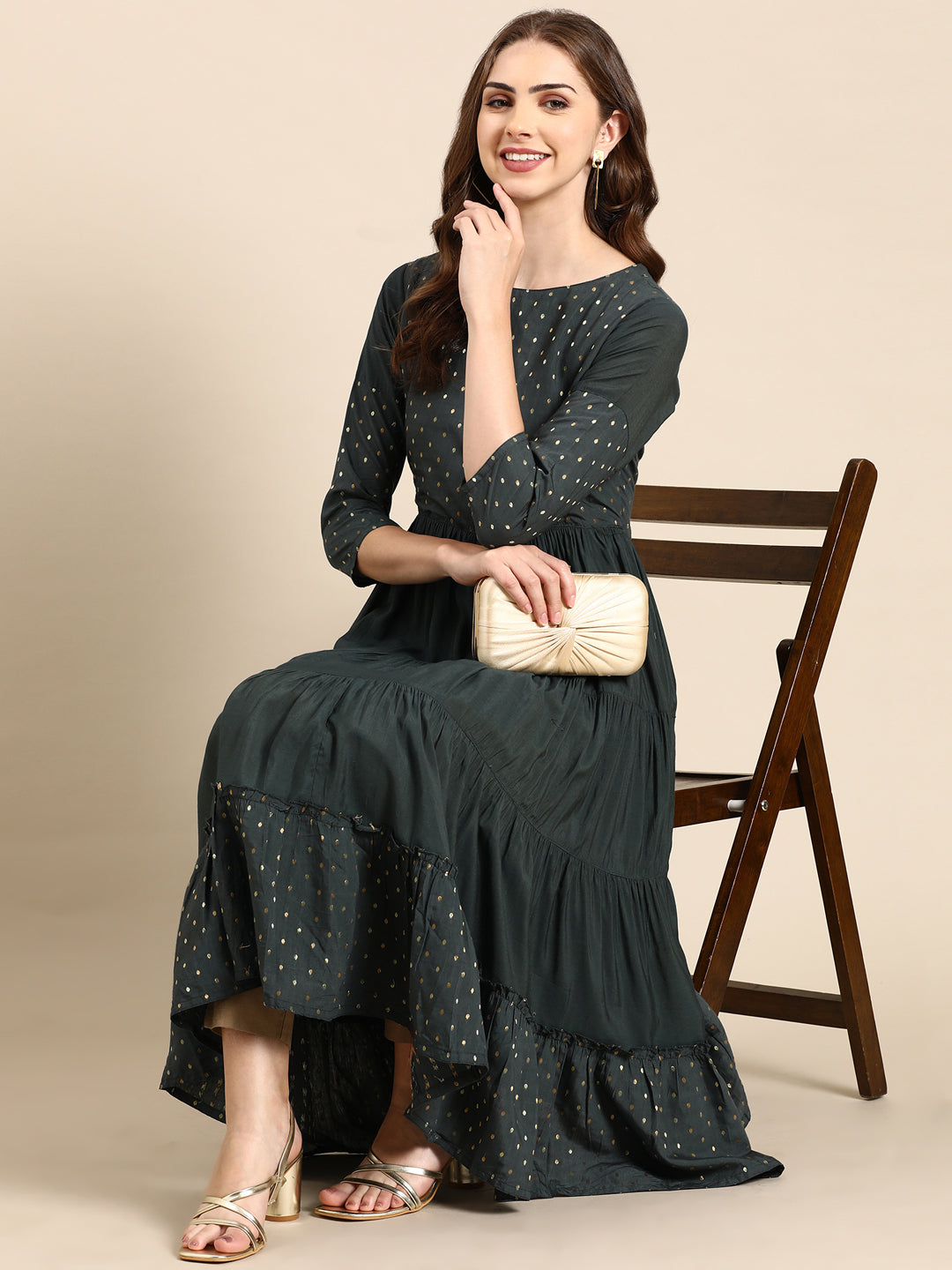 Women's Teal Tiered Brocade Anarkali Kurta