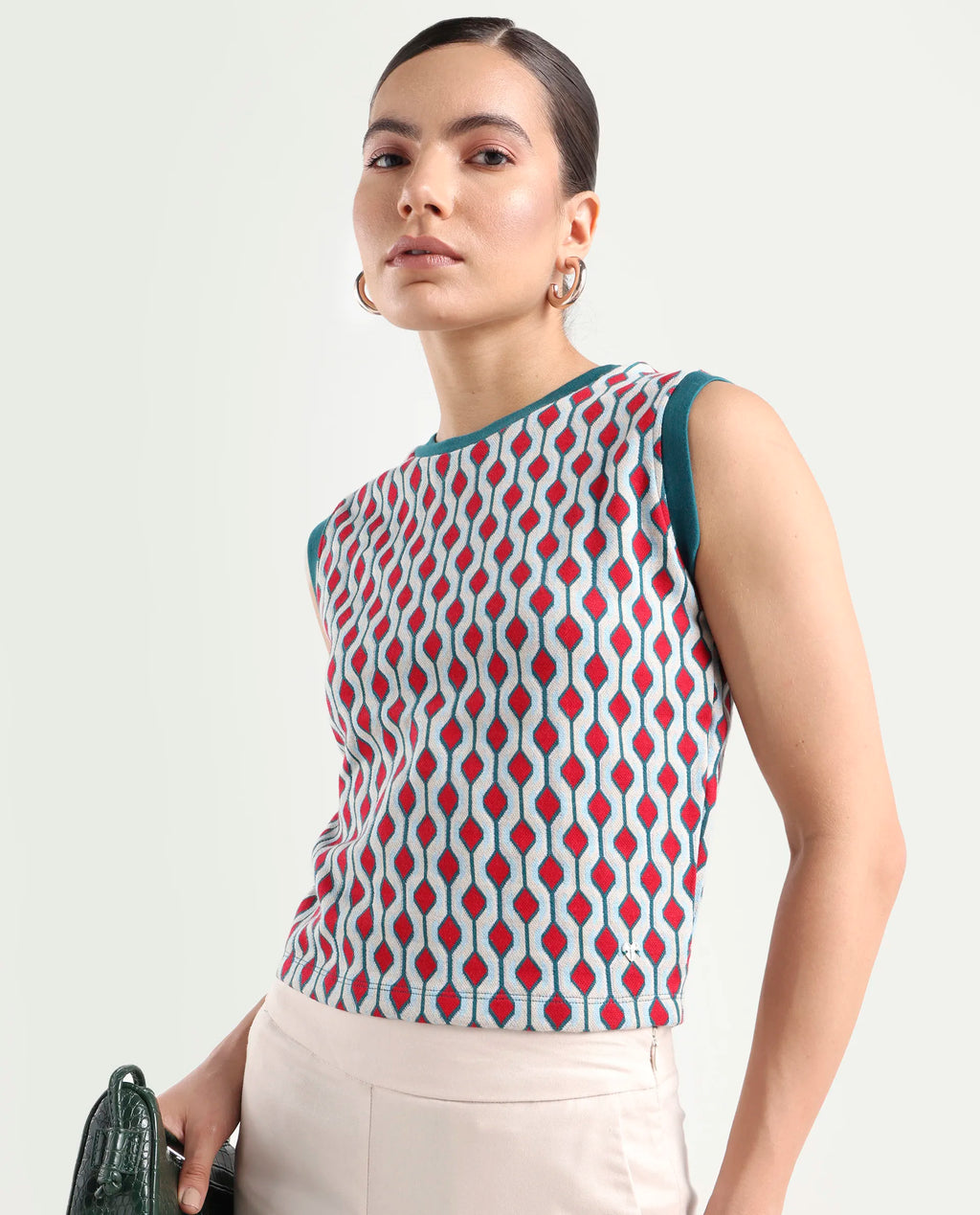 Rareism Women's Rako Multi Cotton Crew Neck Geometric Print Sleeveless Slim Fit Top