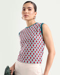 Rareism Women's Rako Multi Cotton Crew Neck Geometric Print Sleeveless Slim Fit Top