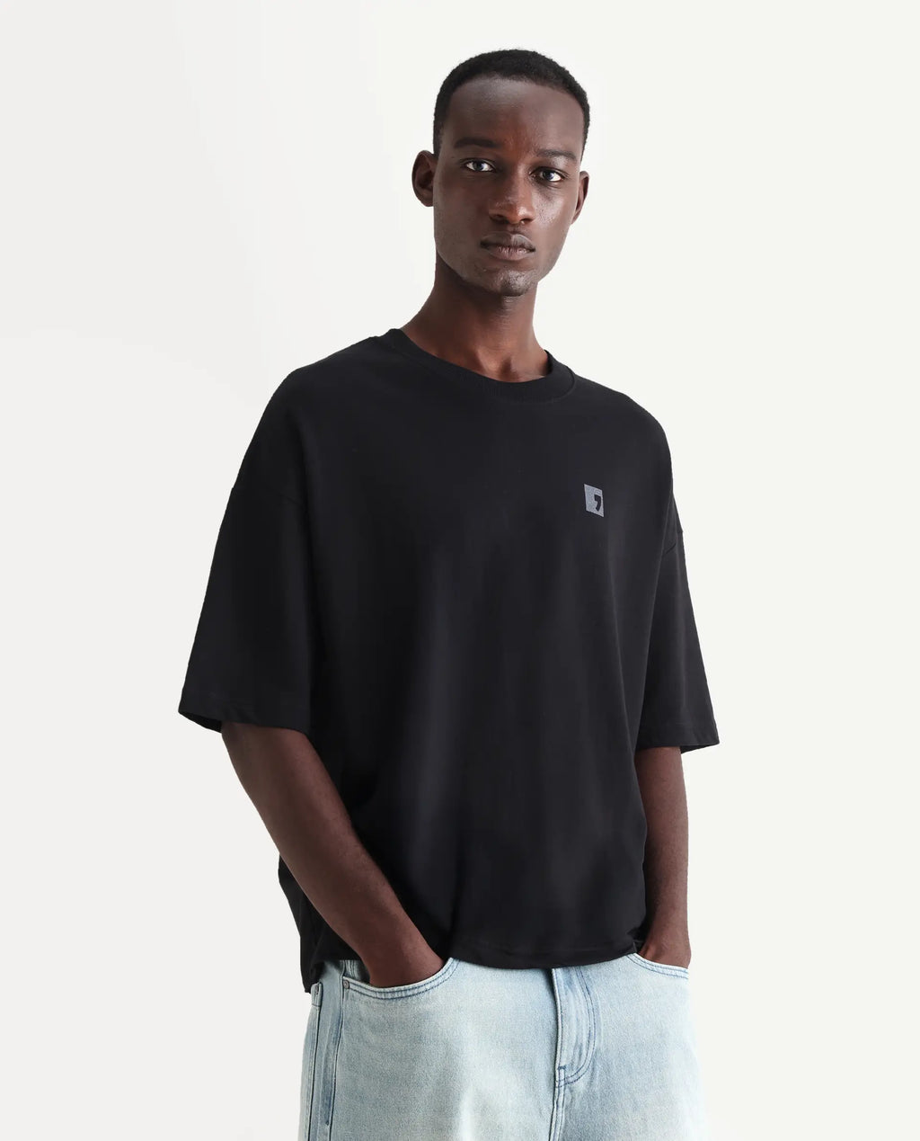 Rare Rabbit Men's Rano Black Cotton Graphic Print Oversized Fit Half Sleeve Crew Neck T-Shirt