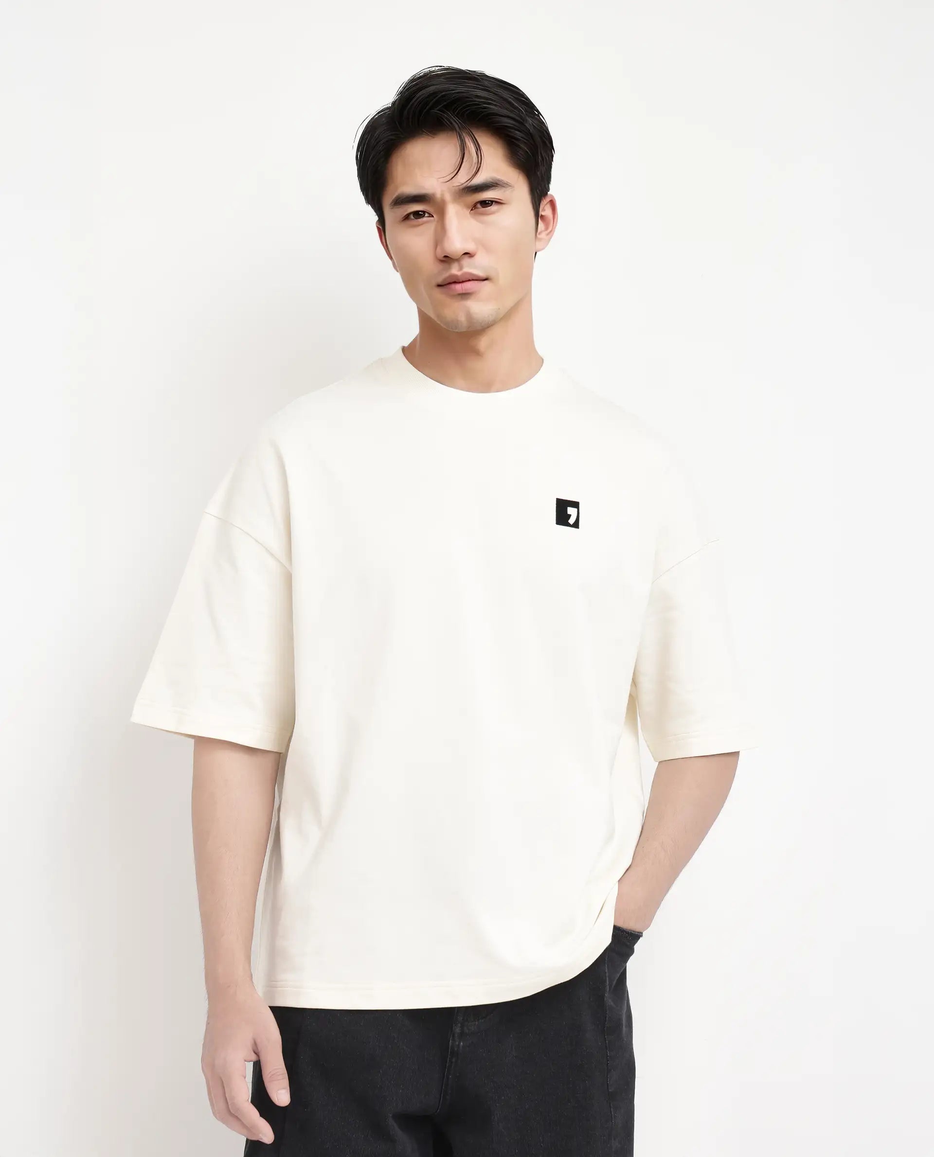 Rare Rabbit Men's Rano Off White Cotton Graphic Print Oversized Fit Half Sleeve Crew Neck T-Shirt