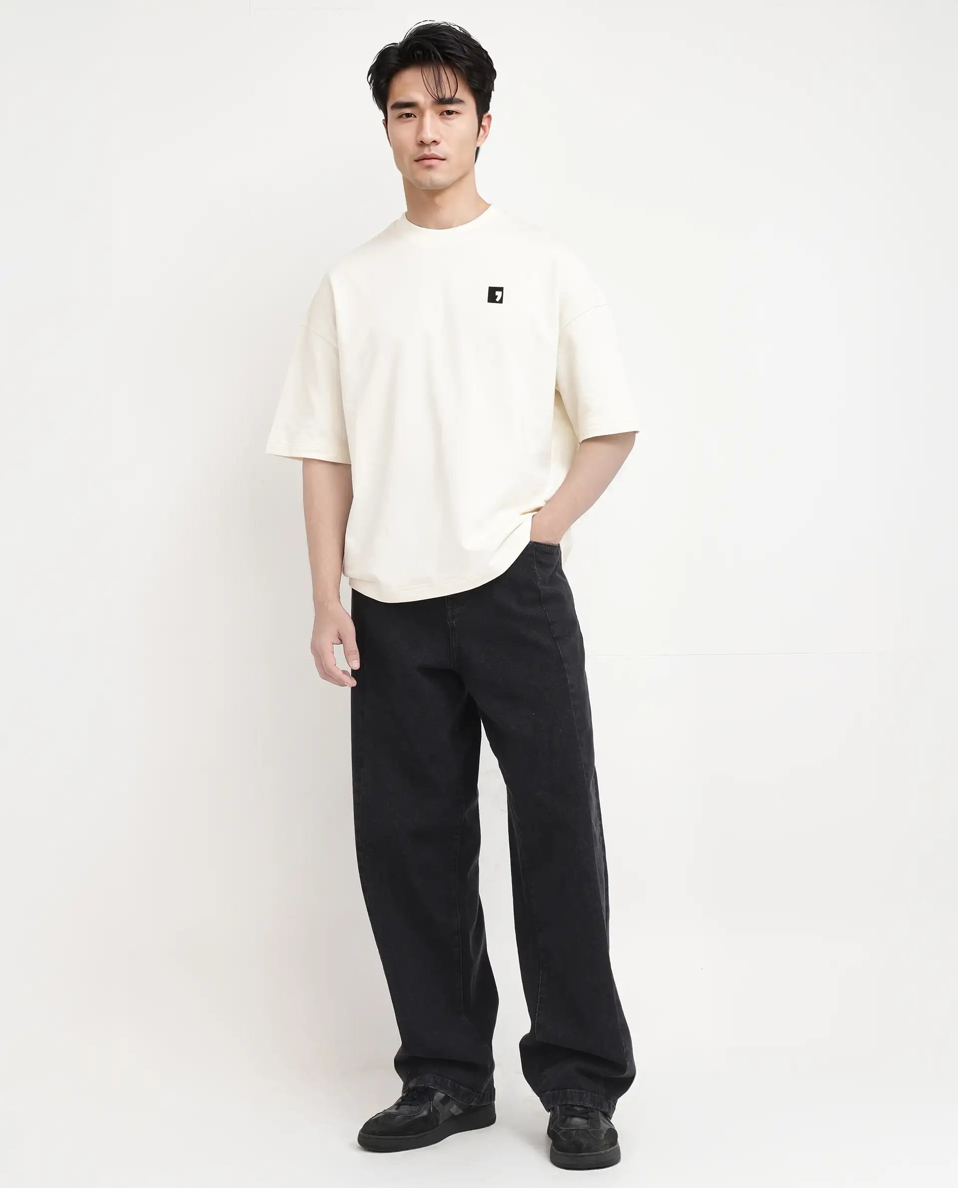 Rare Rabbit Men's Rano Off White Cotton Graphic Print Oversized Fit Half Sleeve Crew Neck T-Shirt