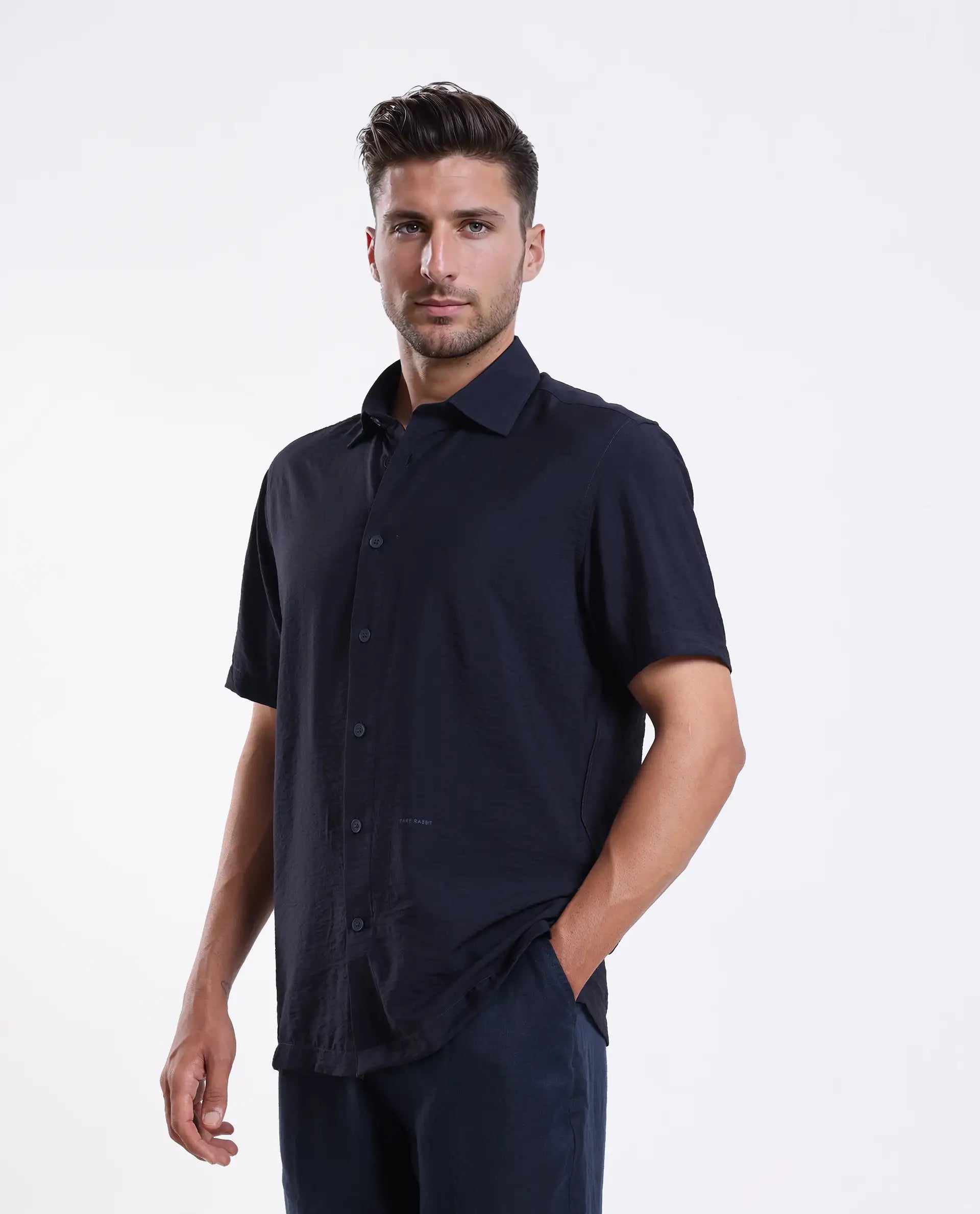 Rare Rabbit Men's Ratuh Navy Viscose Nylon Fabric Half Sleeve Spread Collar Button Closure Regular Fit Plain Shirt