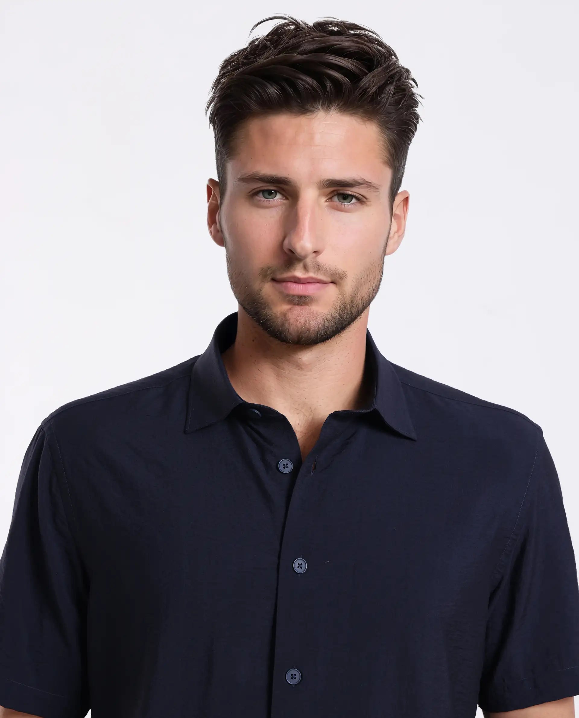 Rare Rabbit Men's Ratuh Navy Viscose Nylon Fabric Half Sleeve Spread Collar Button Closure Regular Fit Plain Shirt