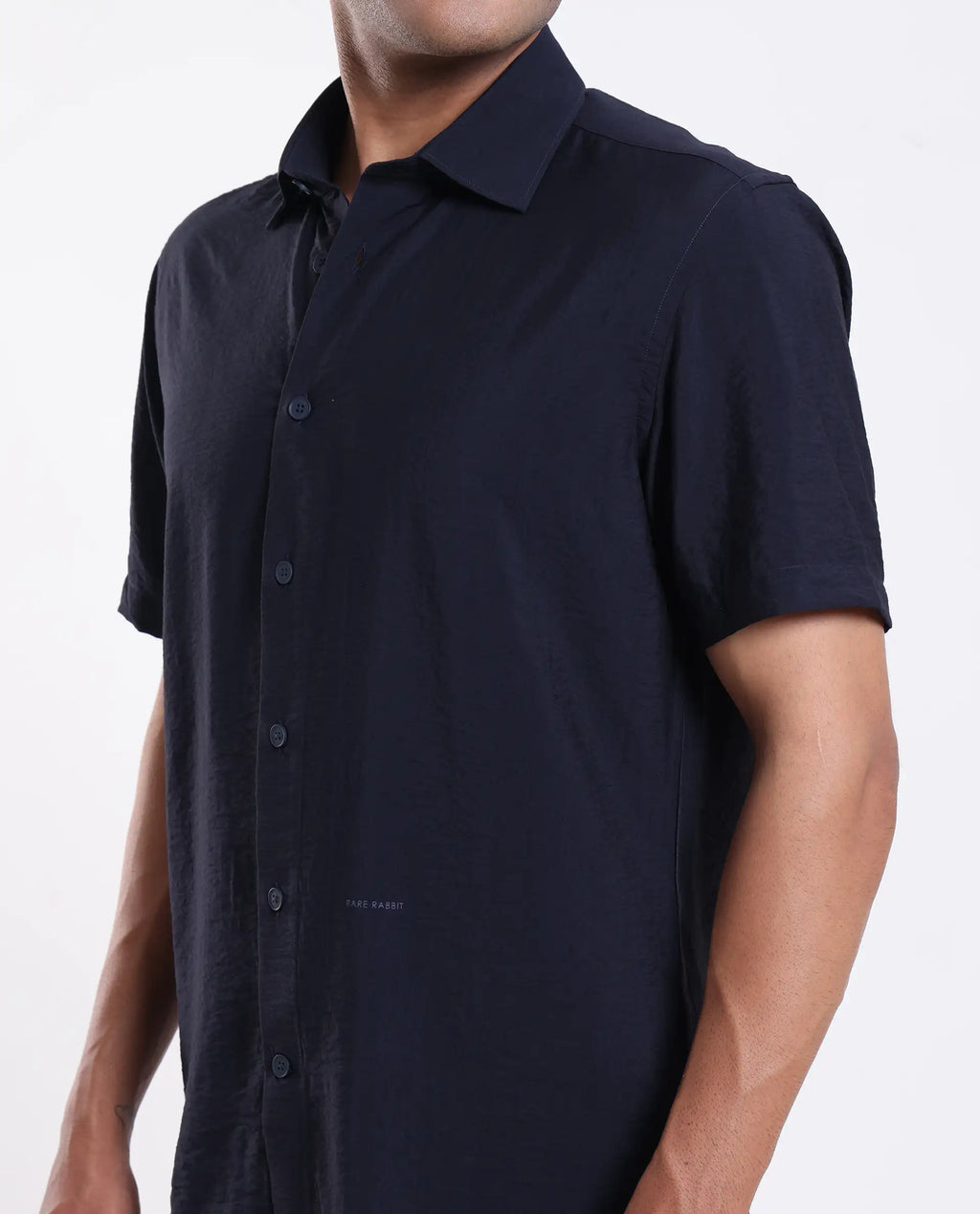 Rare Rabbit Men's Ratuh Navy Viscose Nylon Fabric Half Sleeve Spread Collar Button Closure Regular Fit Plain Shirt