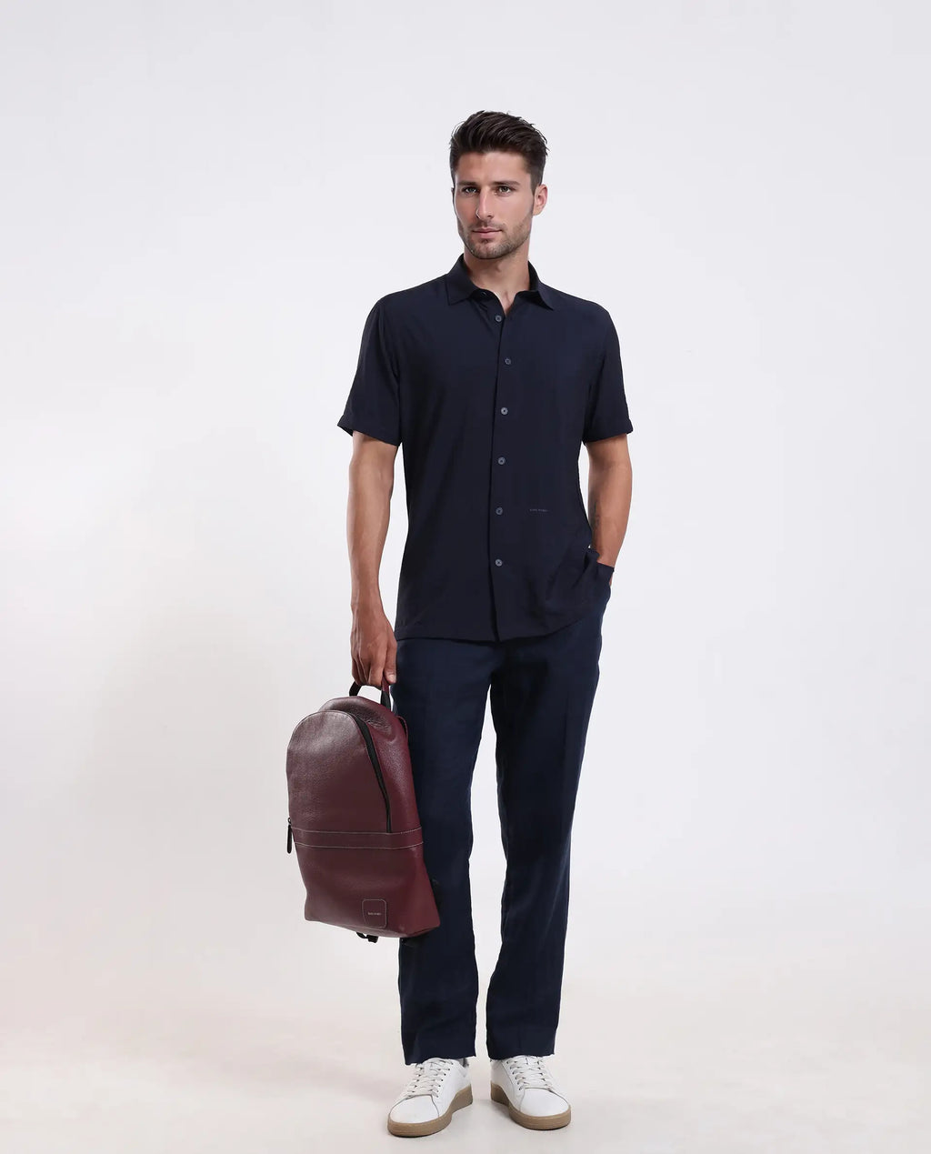 Rare Rabbit Men's Ratuh Navy Viscose Nylon Fabric Half Sleeve Spread Collar Button Closure Regular Fit Plain Shirt