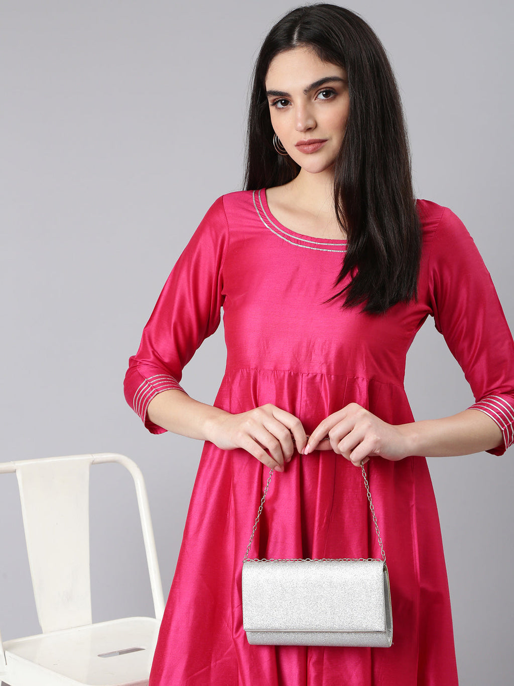 Women's Pink Round Neck Empire Kurta