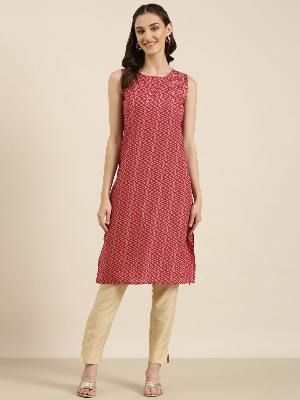 Women's Fuchsia Geometric Printed Straight Kurta