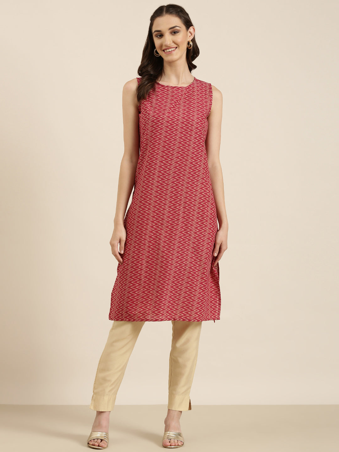 Women's Fuchsia Geometric Printed Straight Kurta