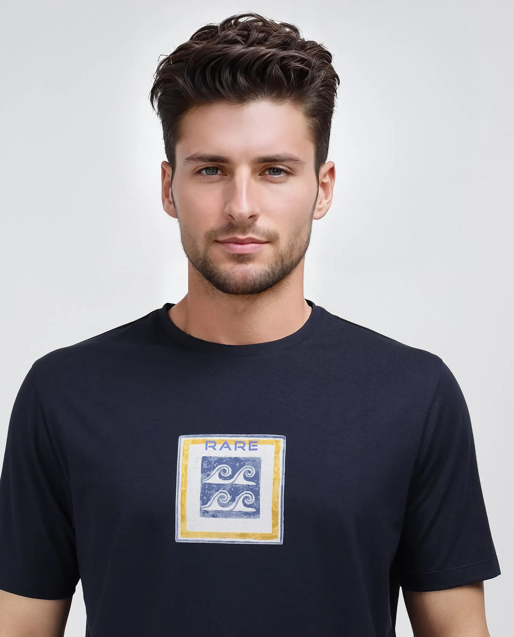 Rare Rabbit Men's Rek Navy Cotton Blend Graphic Print Regular Fit Half Sleeve Crew Neck T-Shirt