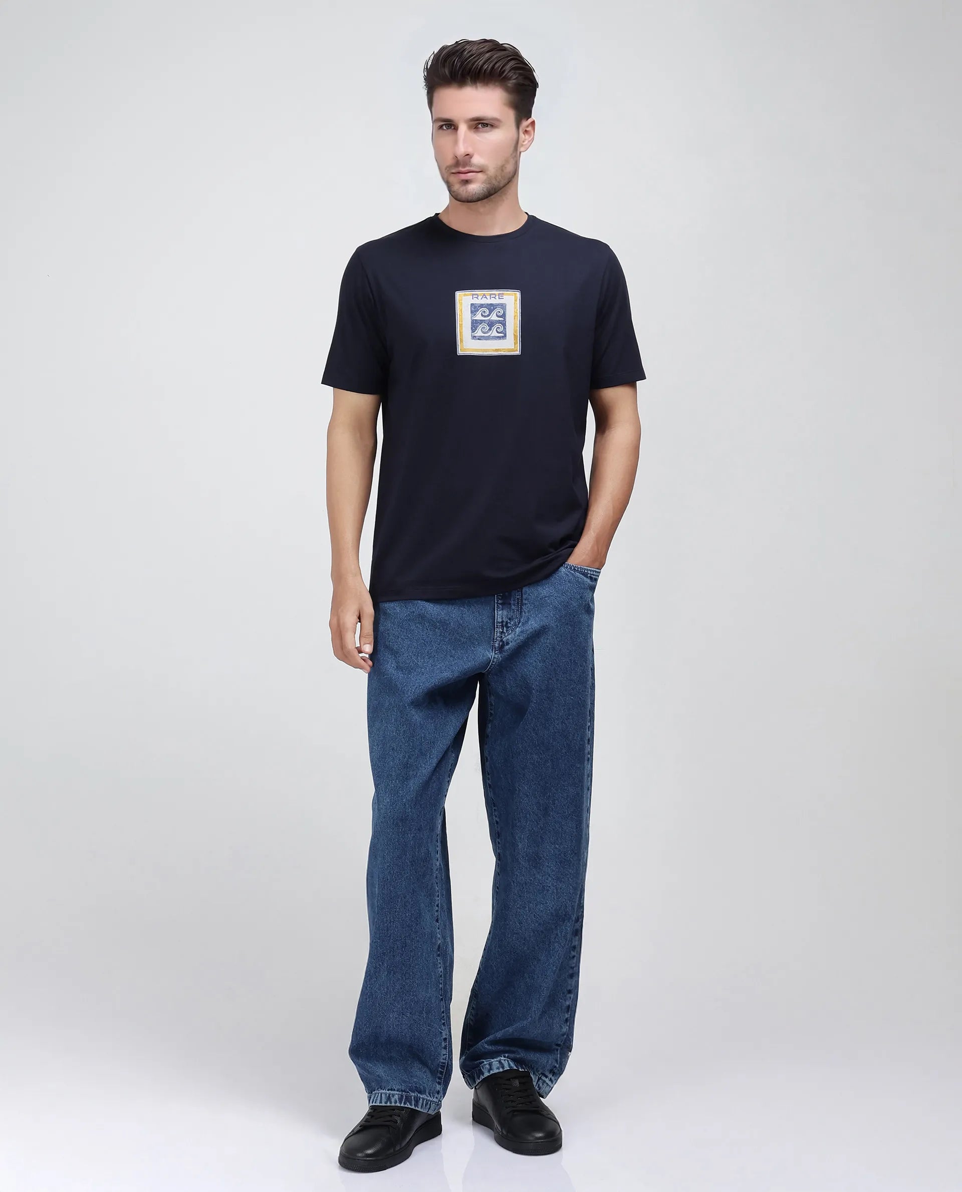 Rare Rabbit Men's Rek Navy Cotton Blend Graphic Print Regular Fit Half Sleeve Crew Neck T-Shirt