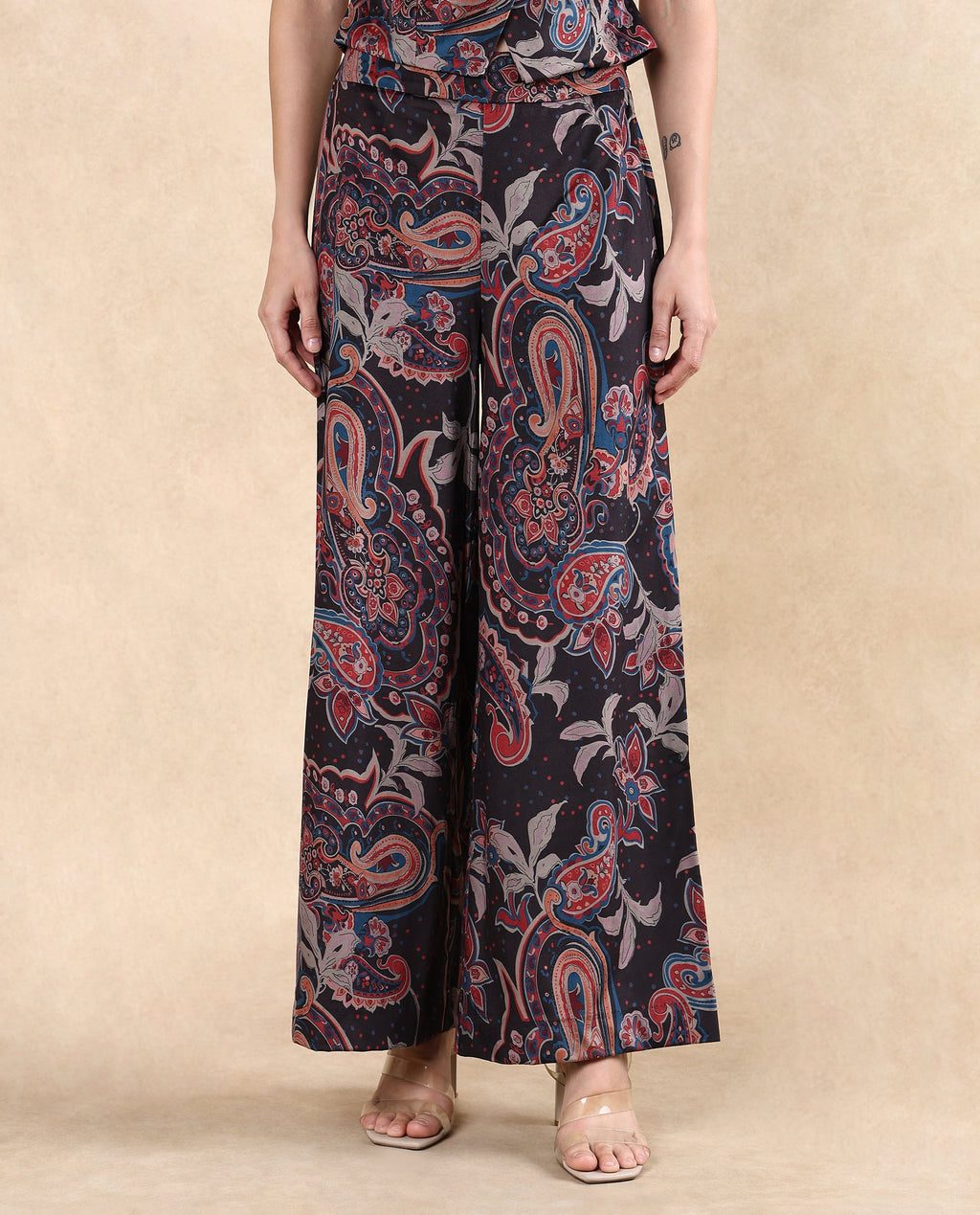 Rareism Women's Remen B Dark Multi Velvet Paisley Print Ankle Length Flared Trouser