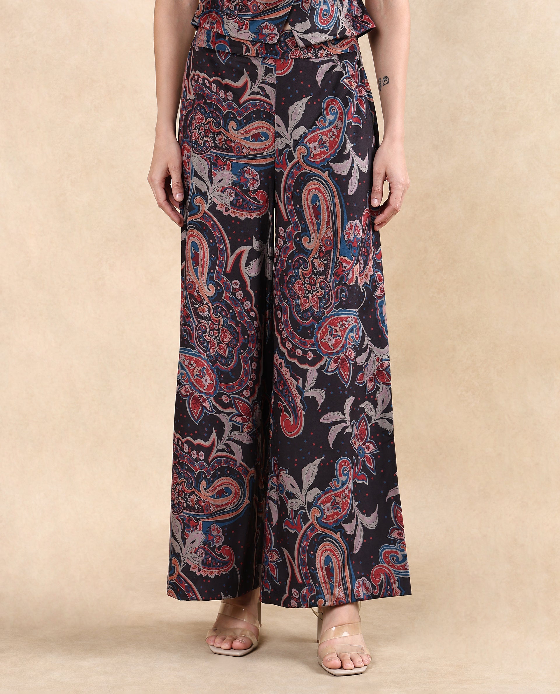 Rareism Women's Remen B Dark Multi Velvet Paisley Print Ankle Length Flared Trouser