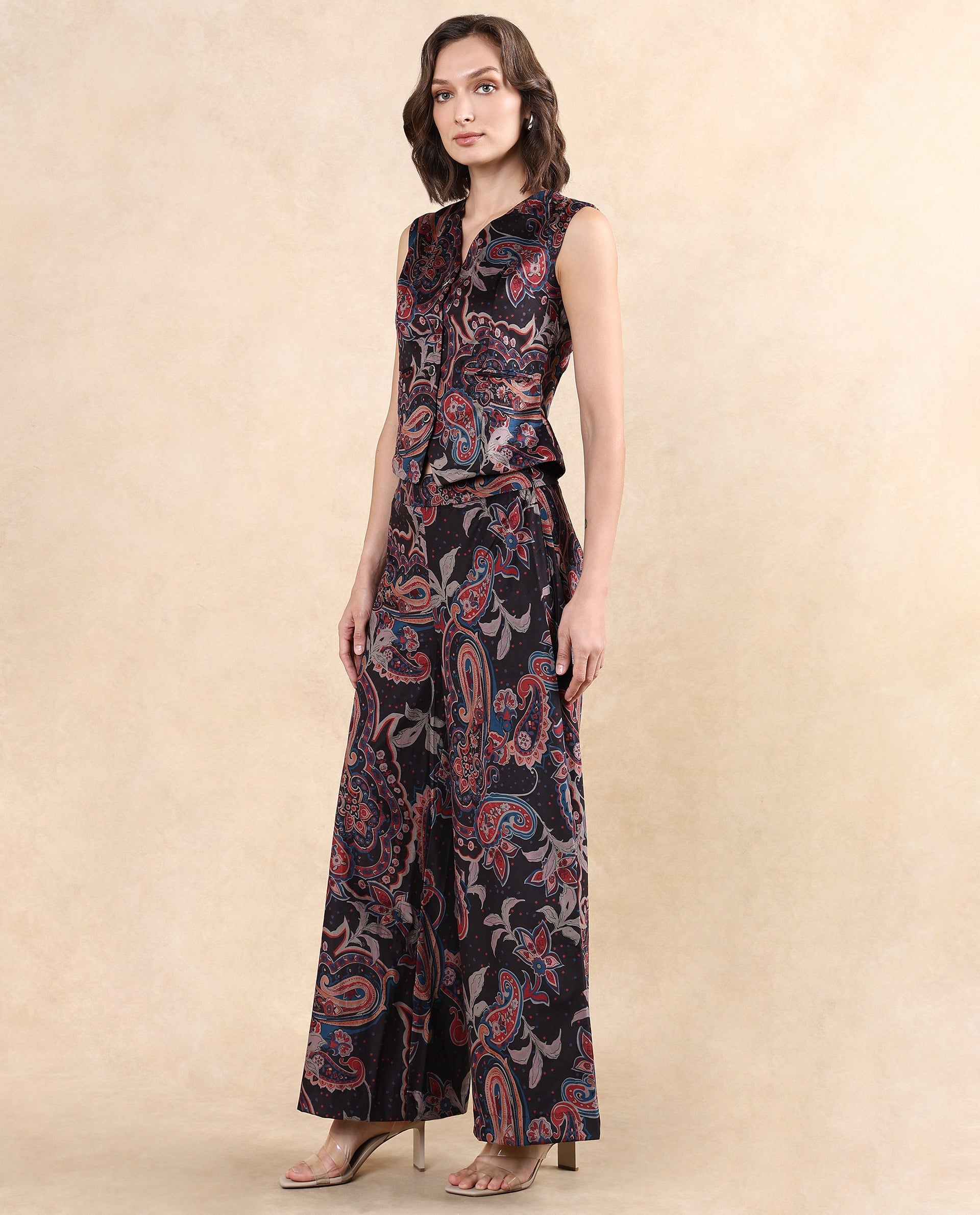 Rareism Women's Remen B Dark Multi Velvet Paisley Print Ankle Length Flared Trouser
