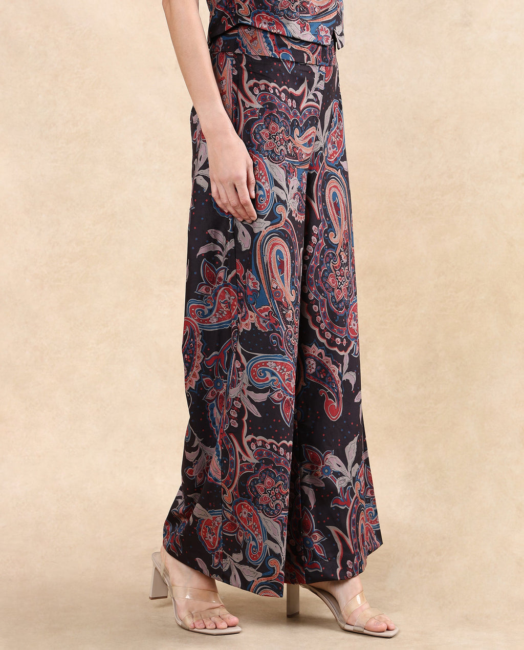 Rareism Women's Remen B Dark Multi Velvet Paisley Print Ankle Length Flared Trouser