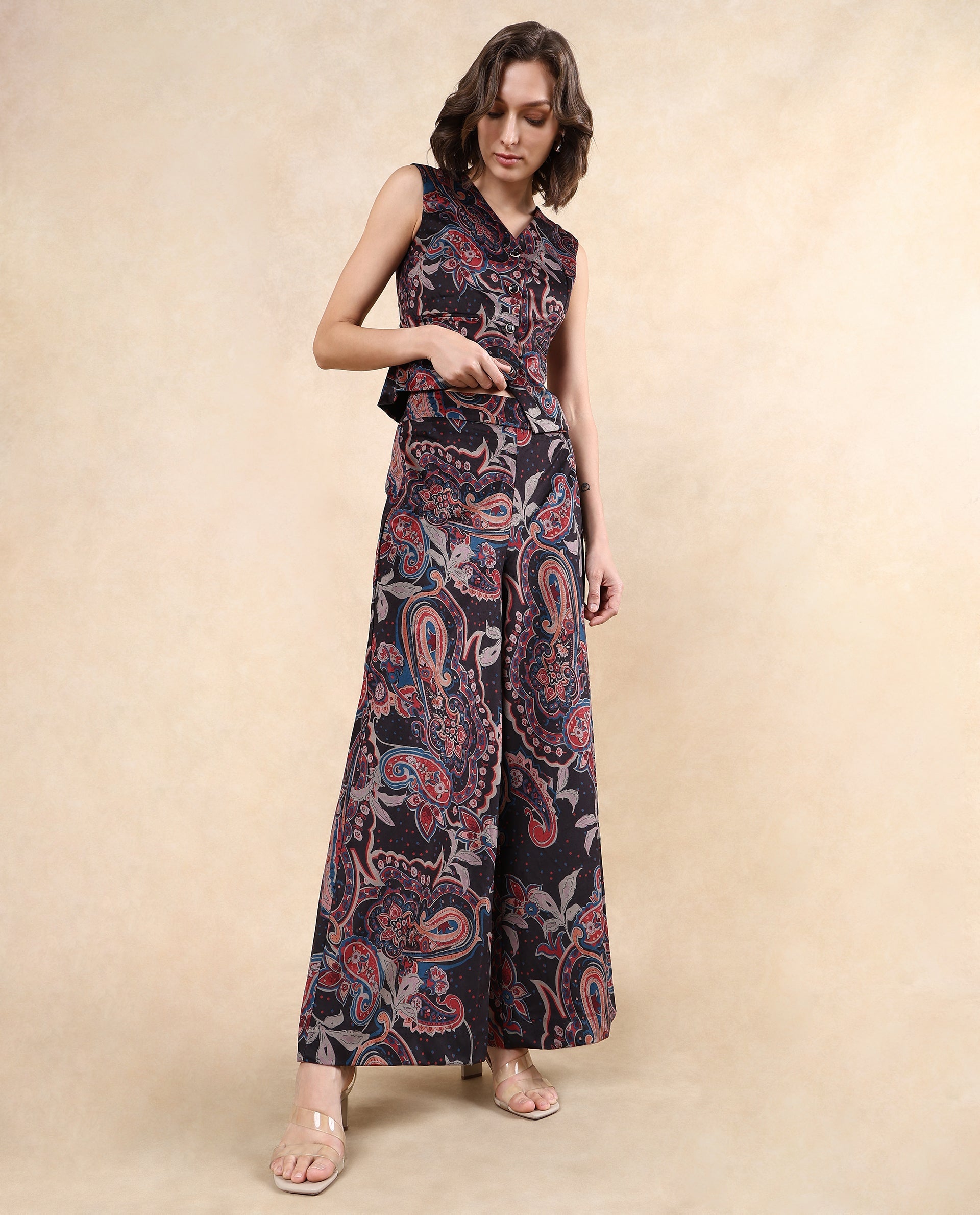 Rareism Women's Remen B Dark Multi Velvet Paisley Print Ankle Length Flared Trouser