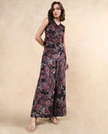Rareism Women's Remen B Dark Multi Velvet Paisley Print Ankle Length Flared Trouser