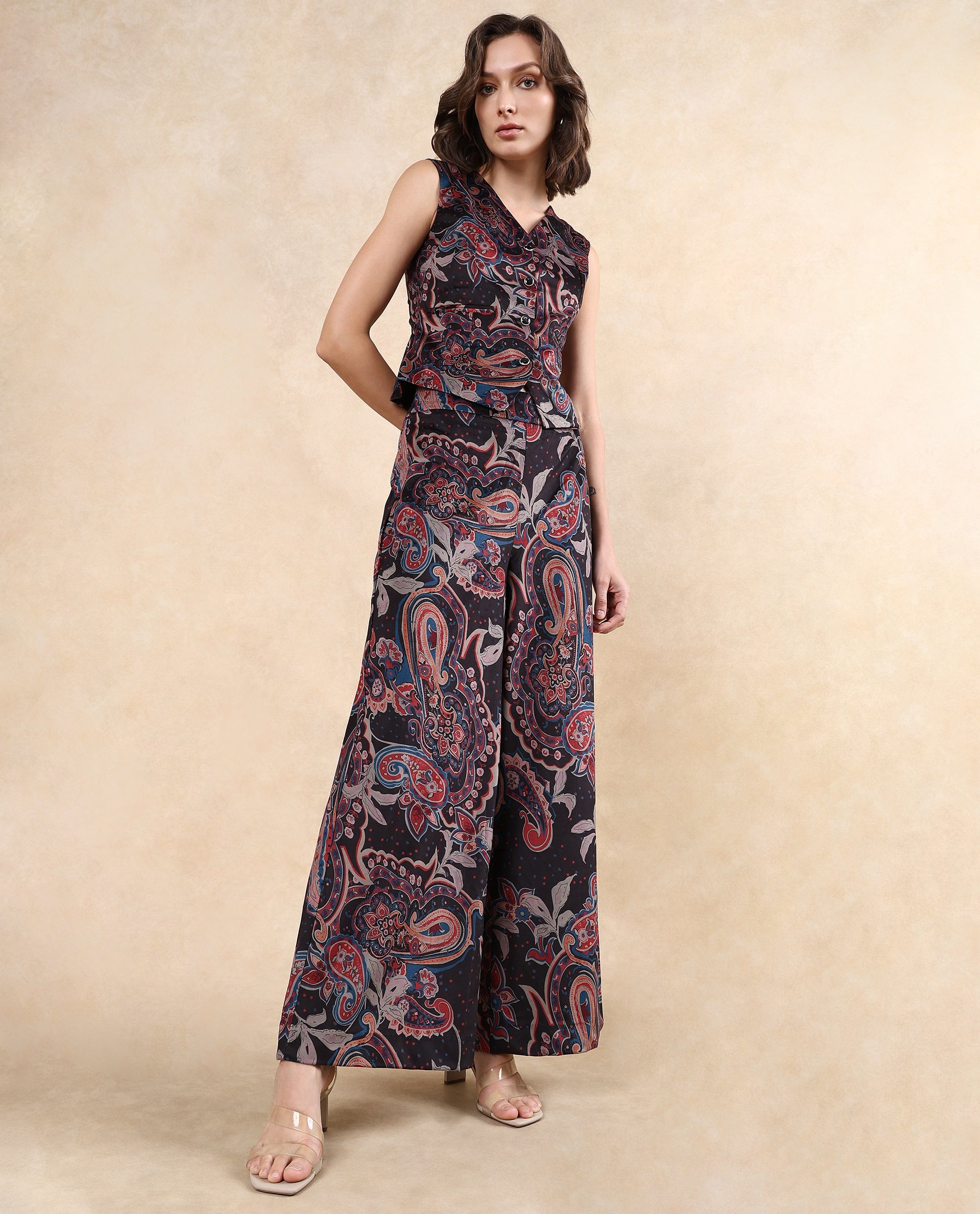 Rareism Women's Remen B Dark Multi Velvet Paisley Print Ankle Length Flared Trouser