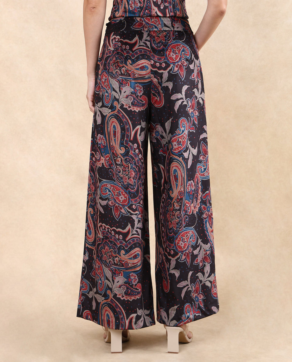 Rareism Women's Remen B Dark Multi Velvet Paisley Print Ankle Length Flared Trouser