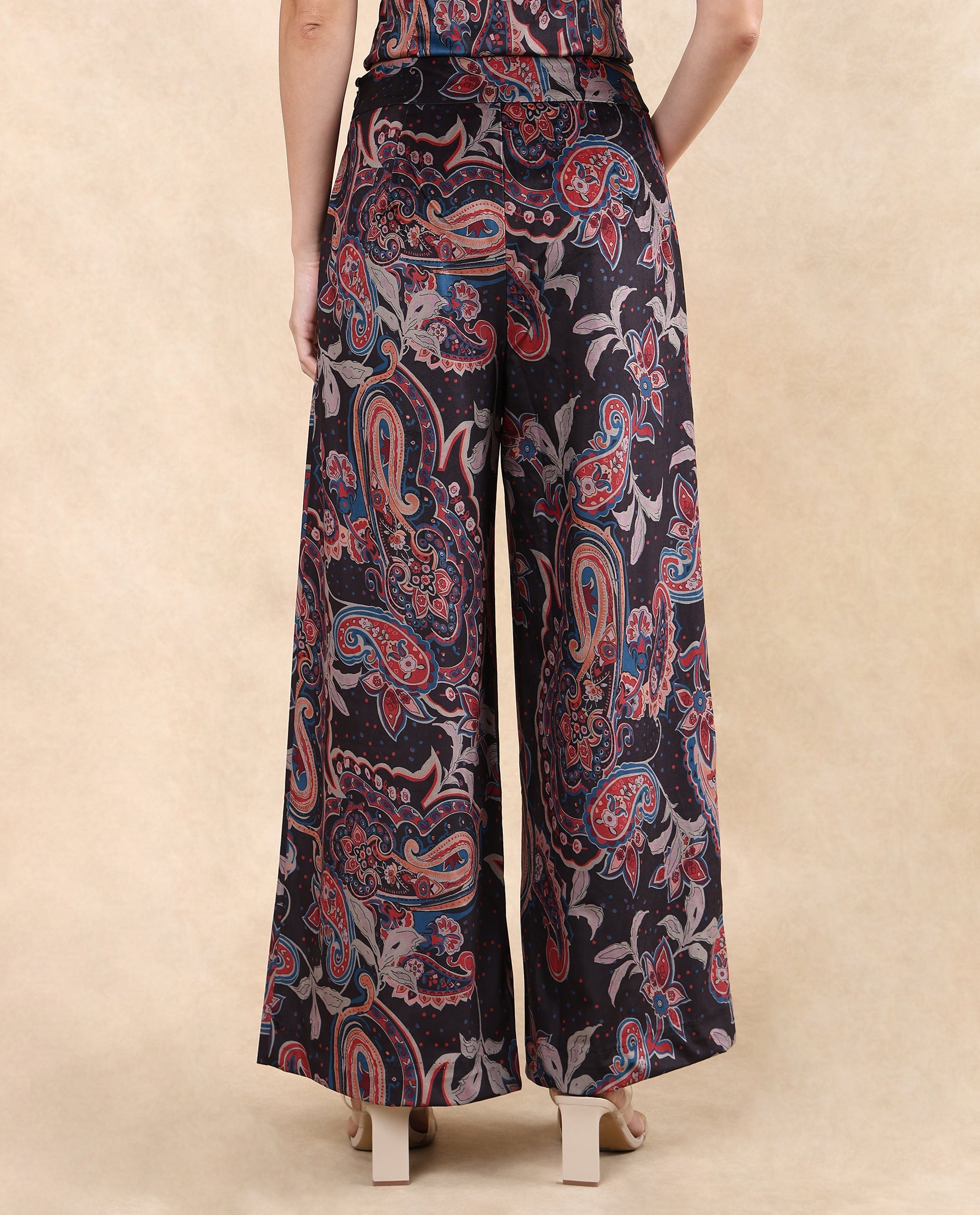 Rareism Women's Remen B Dark Multi Velvet Paisley Print Ankle Length Flared Trouser