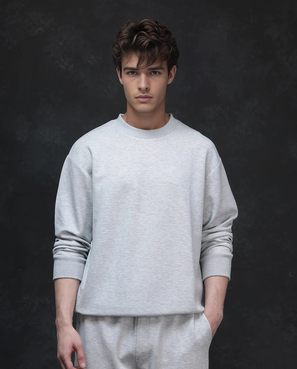 Rare Rabbit Men's Renzi Melange Grey Modal Plain Boxy Fit Full Sleeve Crew Neck Sweatshirt
